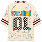 ChaoticClub end of year teacher sports jersey back view highlighting customizable YOUR NAME text, a large black and white checkered number 01, and cute apple icons