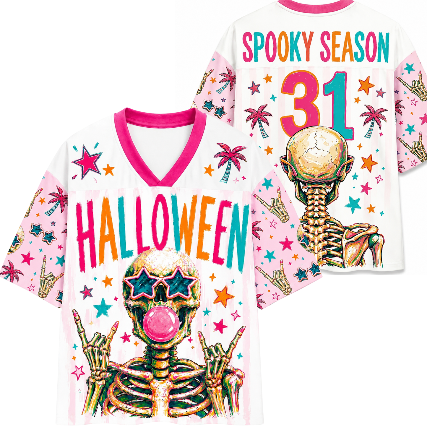 ChaoticClub Colorful Skull Bubblegum Halloween Mesh Jersey front and back view featuring a skeleton with star sunglasses blowing pink bubblegum, multi-color HALLOWEEN text, and number 31.