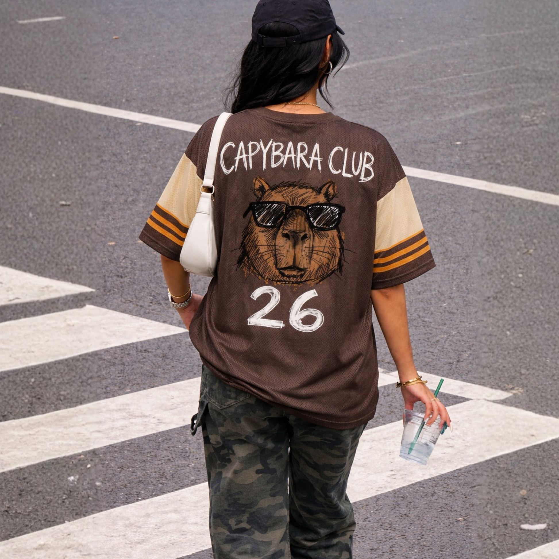ChaoticClub Don’t Worry Be Capybara Mesh Jersey, vintage athletic oversized jersey on dark brown and tan breathable mesh featuring a chill capybara in sunglasses with "Don't worry Be capy" funny text.
