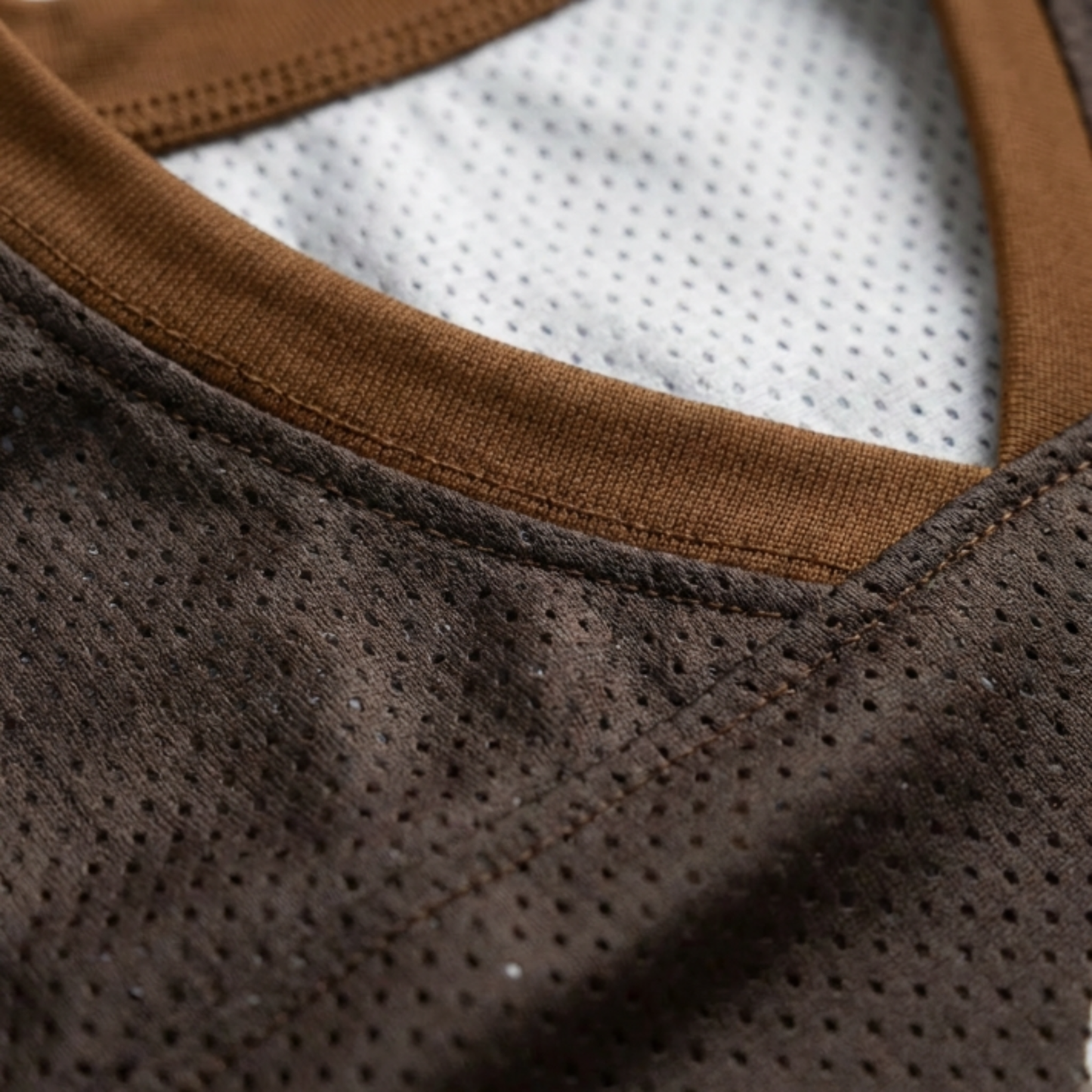 ChaoticClub Don’t Worry Be Capybara Mesh Jersey, vintage athletic oversized jersey on dark brown and tan breathable mesh featuring a chill capybara in sunglasses with "Don't worry Be capy" funny text.