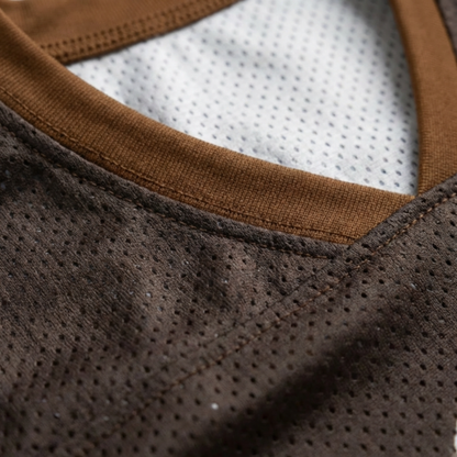 ChaoticClub Don’t Worry Be Capybara Mesh Jersey, vintage athletic oversized jersey on dark brown and tan breathable mesh featuring a chill capybara in sunglasses with "Don't worry Be capy" funny text.
