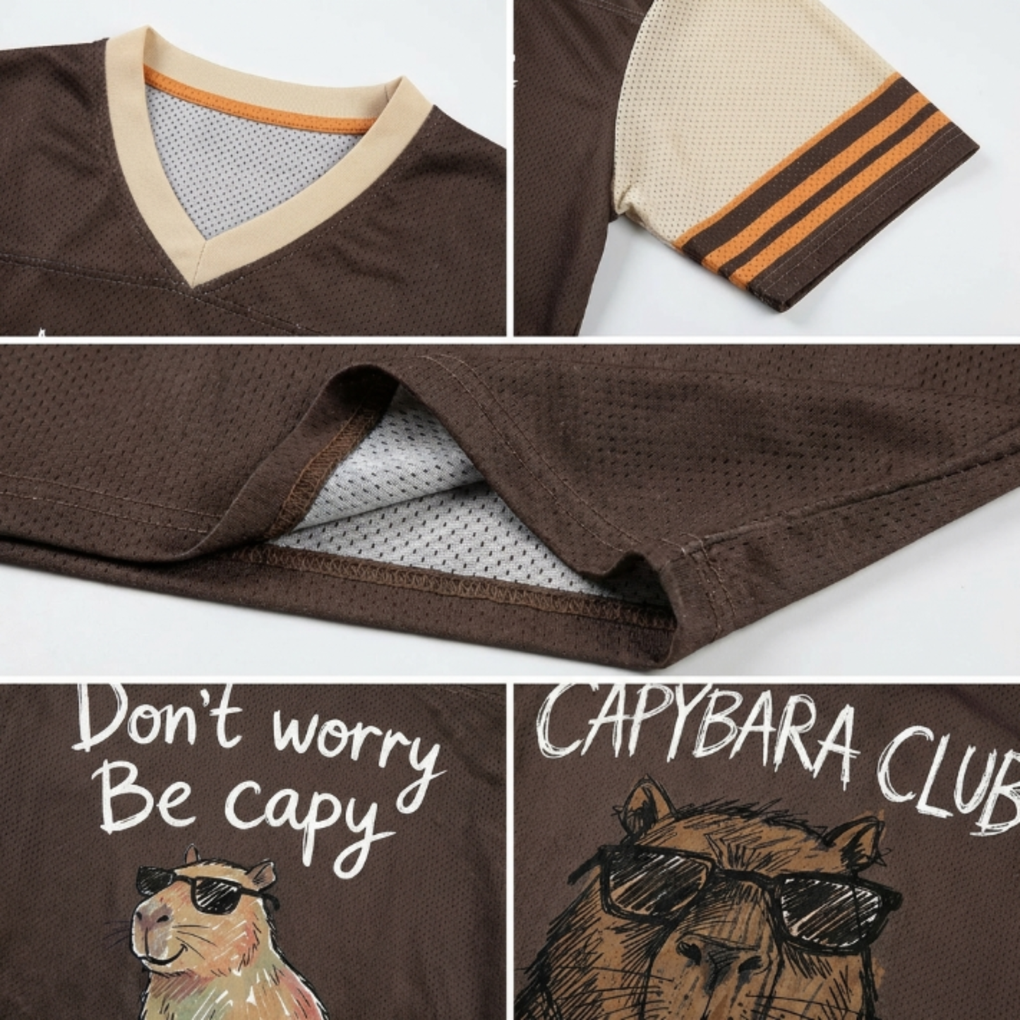 ChaoticClub Don’t Worry Be Capybara Mesh Jersey, vintage athletic oversized jersey on dark brown and tan breathable mesh featuring a chill capybara in sunglasses with "Don't worry Be capy" funny text.