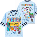 Front and back views of the light blue ChaoticClub Doodle Back to School Teacher Mesh Jersey, showcasing the "KINDERGARTEN" pencil graphic on the front and custom name personalization with a large patterned number 2 on the back.