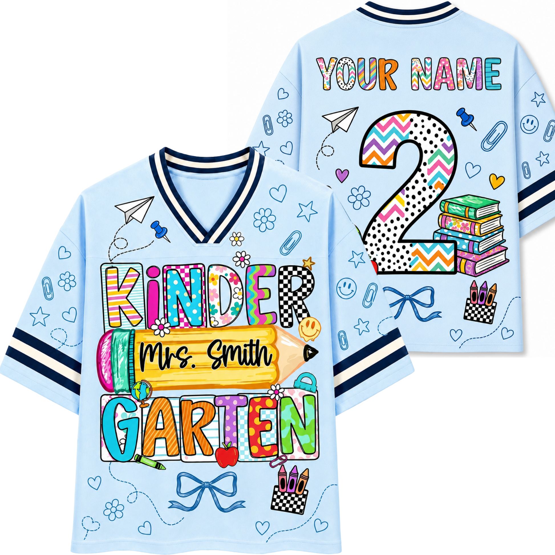 Front and back views of the light blue ChaoticClub Doodle Back to School Teacher Mesh Jersey, showcasing the "KINDERGARTEN" pencil graphic on the front and custom name personalization with a large patterned number 2 on the back.