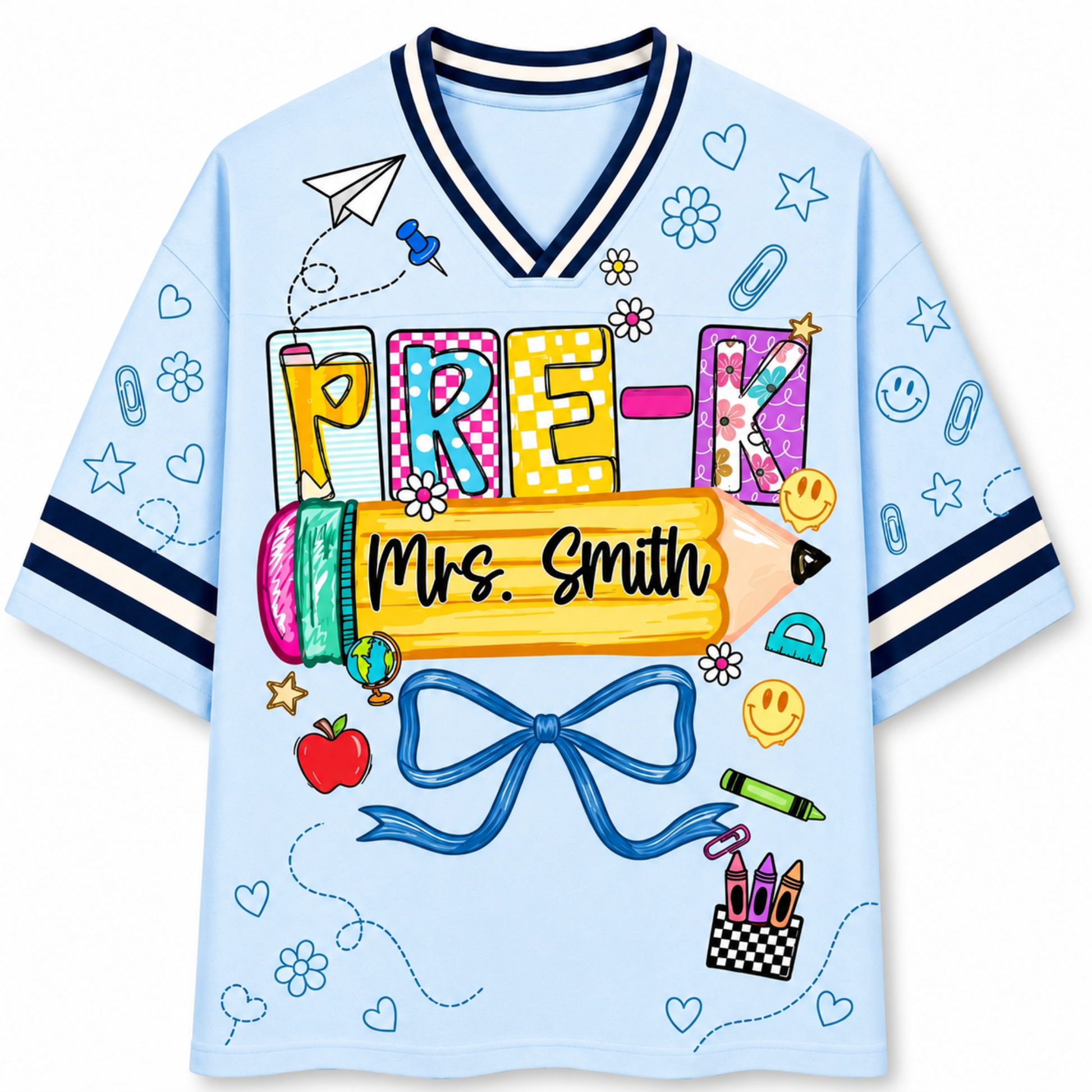 Front view of the light blue ChaoticClub Doodle Back to School Teacher Mesh Jersey, featuring colorful patchwork "PRE-K" text, a large yellow pencil graphic with customizable "Mrs. Smith" name, and small school doodles.