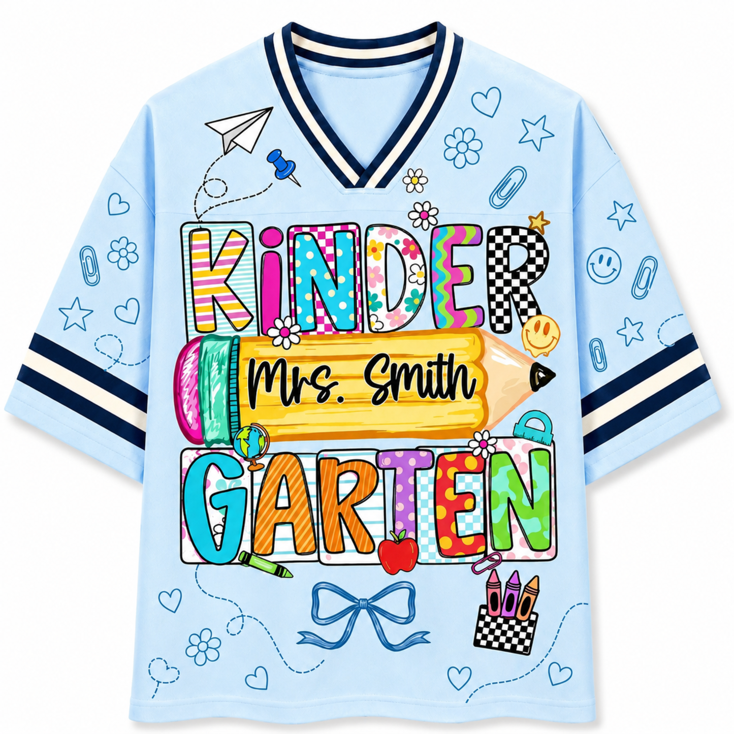 Front view of the light blue ChaoticClub Doodle Back to School Teacher Mesh Jersey, featuring colorful patchwork "KINDERGARTEN" text, a large yellow pencil graphic with customizable "Mrs. Smith" name, and small school doodles.