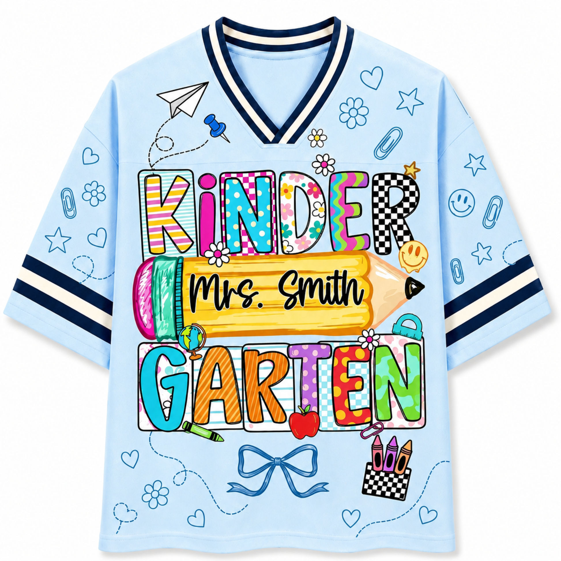 Front view of the light blue ChaoticClub Doodle Back to School Teacher Mesh Jersey, featuring colorful patchwork "KINDERGARTEN" text, a large yellow pencil graphic with customizable "Mrs. Smith" name, and small school doodles.