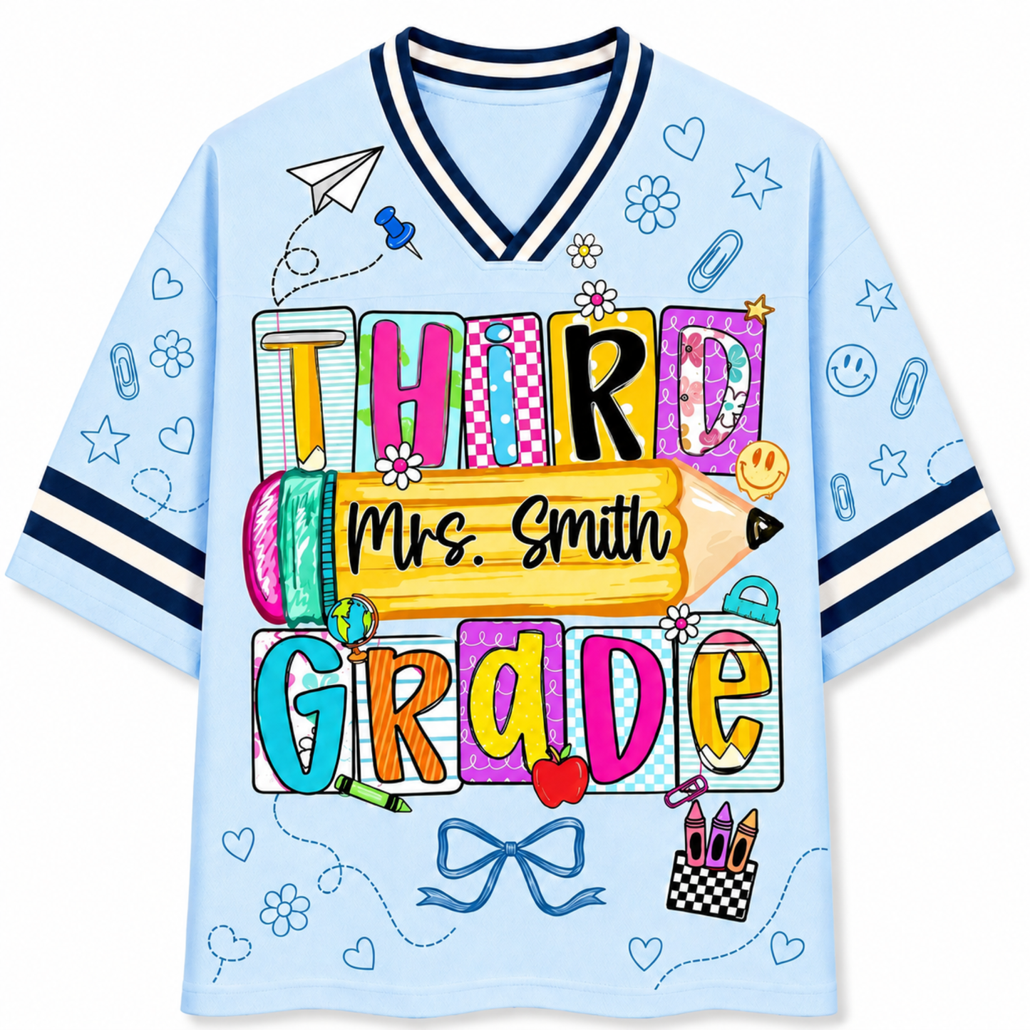 Front view of the light blue ChaoticClub Doodle Back to School Teacher Mesh Jersey, featuring colorful patchwork "THIRD GRADE" text, a large yellow pencil graphic with customizable "Mrs. Smith" name, and small school doodles.