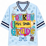 Front view of the light blue ChaoticClub Doodle Back to School Teacher Mesh Jersey, featuring colorful patchwork "FOURTH GRADE" text, a large yellow pencil graphic with customizable "Mrs. Smith" name, and small school doodles.