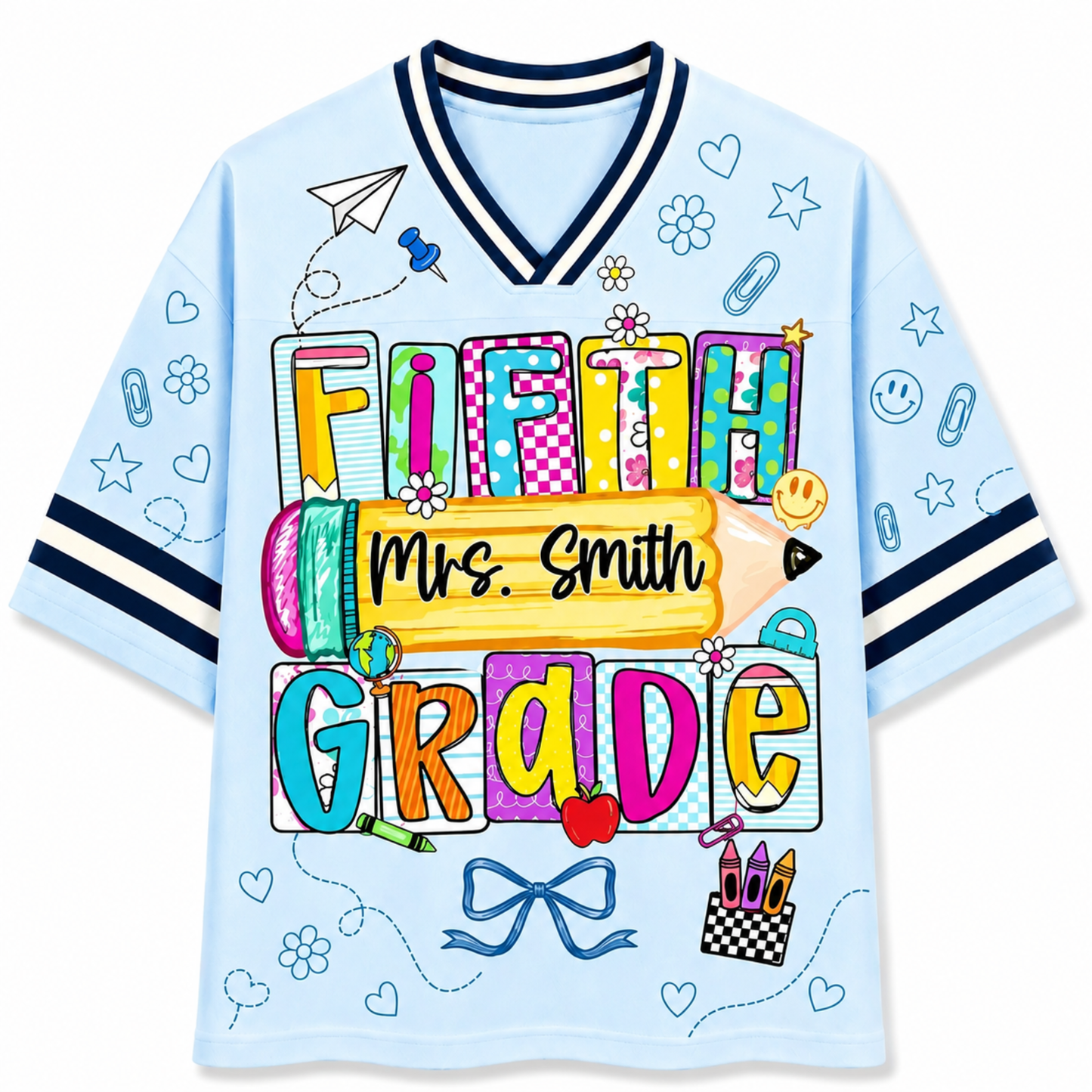 Front view of the light blue ChaoticClub Doodle Back to School Teacher Mesh Jersey, featuring colorful patchwork "FIFTH GRADE" text, a large yellow pencil graphic with customizable "Mrs. Smith" name, and small school doodles.
