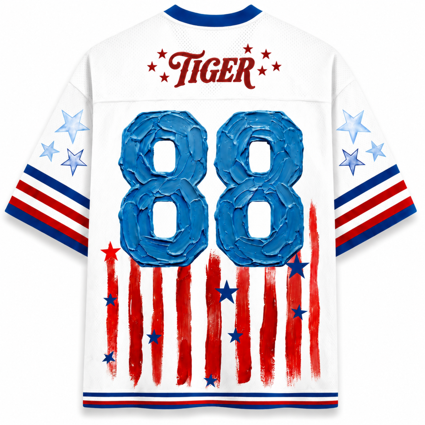 ChaoticClub mesh jersey back view showing number 88 with American flag stripes and vintage tiger streetwear aesthetic
