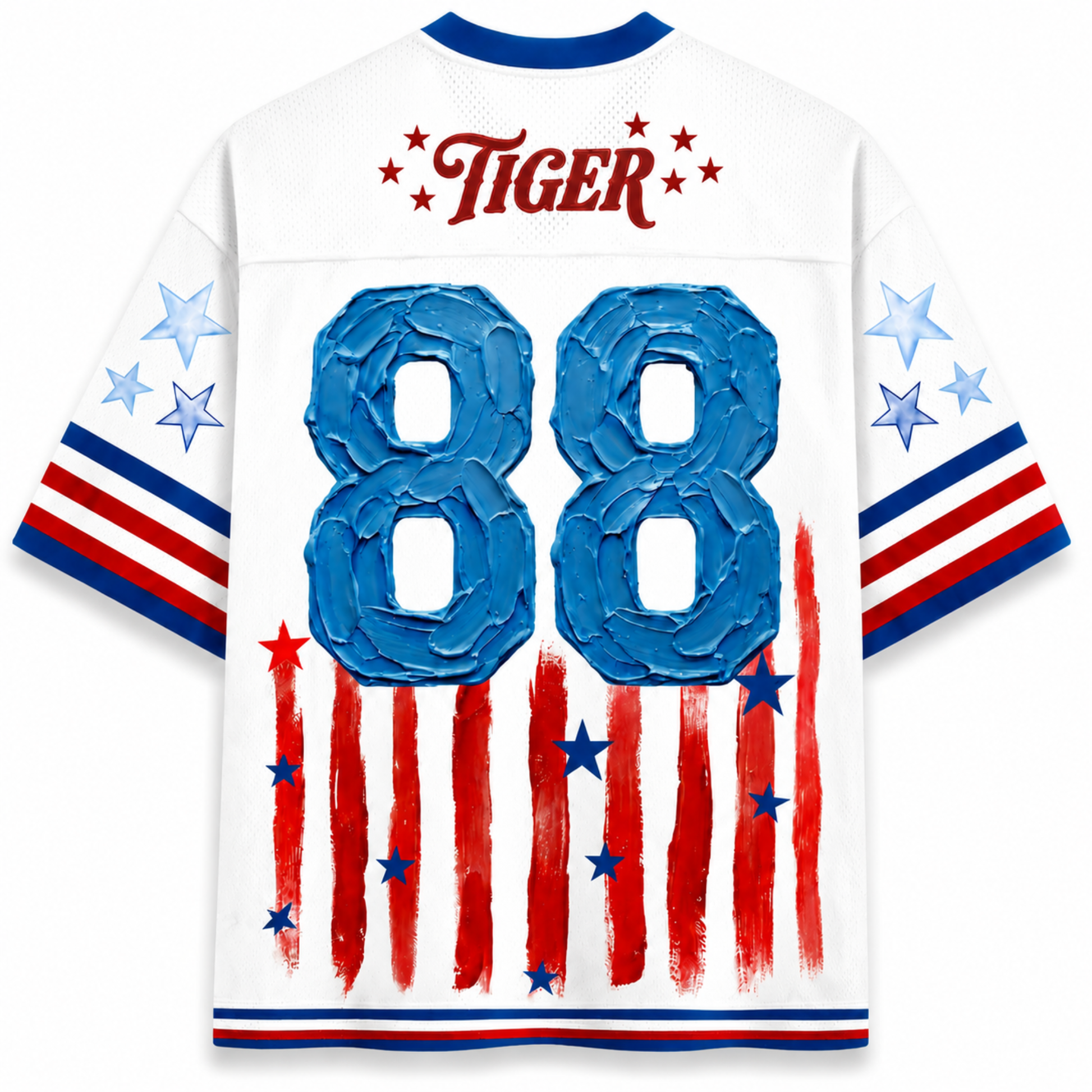 ChaoticClub mesh jersey back view showing number 88 with American flag stripes and vintage tiger streetwear aesthetic