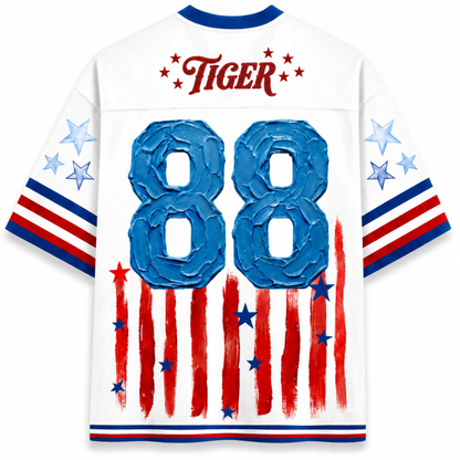 ChaoticClub mesh jersey back view showing number 88 with American flag stripes and vintage tiger streetwear aesthetic
