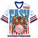 ChaoticClub Glam Easy Tiger Bumblegum Mesh Jersey front view featuring tiger face graphic with blue red USA flag style and bold Easy Tiger typograph