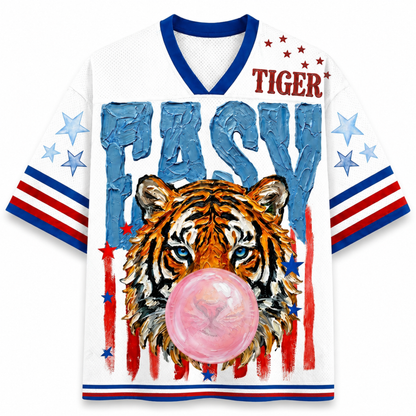 ChaoticClub Glam Easy Tiger Bumblegum Mesh Jersey front view featuring tiger face graphic with blue red USA flag style and bold Easy Tiger typograph
