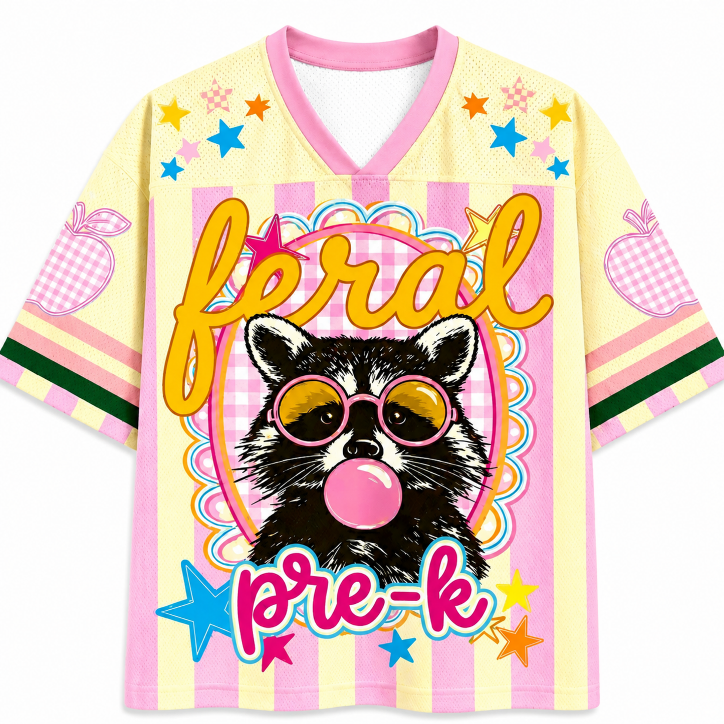 ChaoticClub Feral Raccoon Bubblegum Striped Mesh Jersey in pastel yellow and pink, featuring a sassy raccoon blowing a bubble with pink sunglasses, surrounded by stars and "feral pre-k" text.