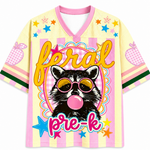 ChaoticClub Feral Raccoon Bubblegum Striped Mesh Jersey in pastel yellow and pink, featuring a sassy raccoon blowing a bubble with pink sunglasses, surrounded by stars and "feral pre-k" text.