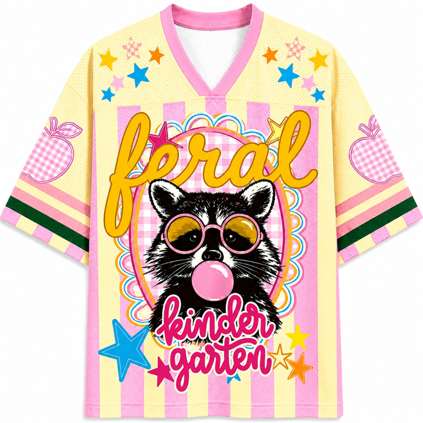 ChaoticClub Feral Raccoon Bubblegum Striped Mesh Jersey in pastel yellow and pink, featuring a sassy raccoon blowing a bubble with pink sunglasses, surrounded by stars and "feral kindergarten" text.