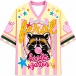 ChaoticClub Feral Raccoon Bubblegum Striped Mesh Jersey in pastel yellow and pink, featuring a sassy raccoon blowing a bubble with pink sunglasses, surrounded by stars and "feral kindergarten" text.