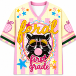 ChaoticClub Feral Raccoon Bubblegum Striped Mesh Jersey in pastel yellow and pink, featuring a sassy raccoon blowing a bubble with pink sunglasses, surrounded by stars and "feral first grade" text.