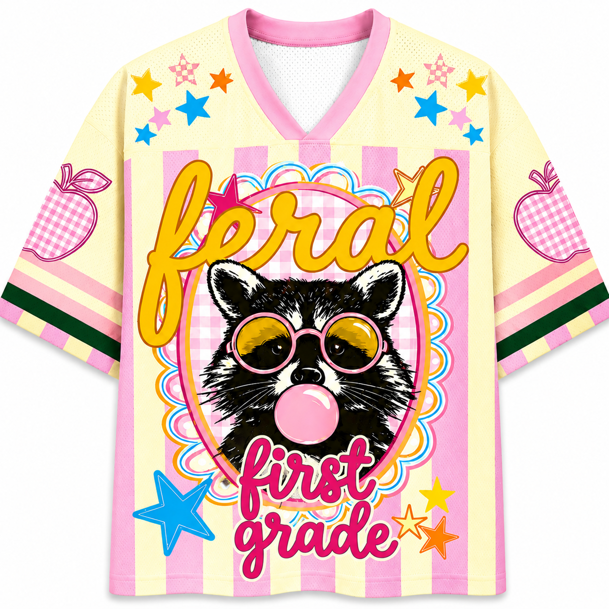 ChaoticClub Feral Raccoon Bubblegum Striped Mesh Jersey in pastel yellow and pink, featuring a sassy raccoon blowing a bubble with pink sunglasses, surrounded by stars and "feral first grade" text.