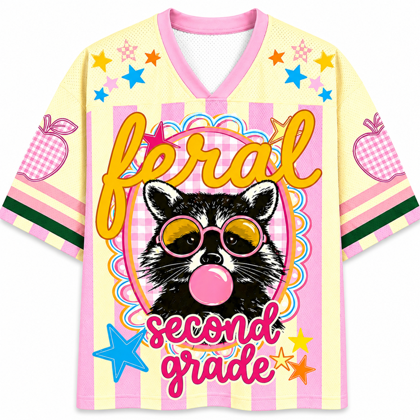ChaoticClub Feral Raccoon Bubblegum Striped Mesh Jersey in pastel yellow and pink, featuring a sassy raccoon blowing a bubble with pink sunglasses, surrounded by stars and "feral second-grade" text.