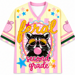 ChaoticClub Feral Raccoon Bubblegum Striped Mesh Jersey in pastel yellow and pink, featuring a sassy raccoon blowing a bubble with pink sunglasses, surrounded by stars and "feral second-grade" text.