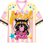 ChaoticClub Feral Raccoon Bubblegum Striped Mesh Jersey in pastel yellow and pink, featuring a sassy raccoon blowing a bubble with pink sunglasses, surrounded by stars and "feral third-grade" text.