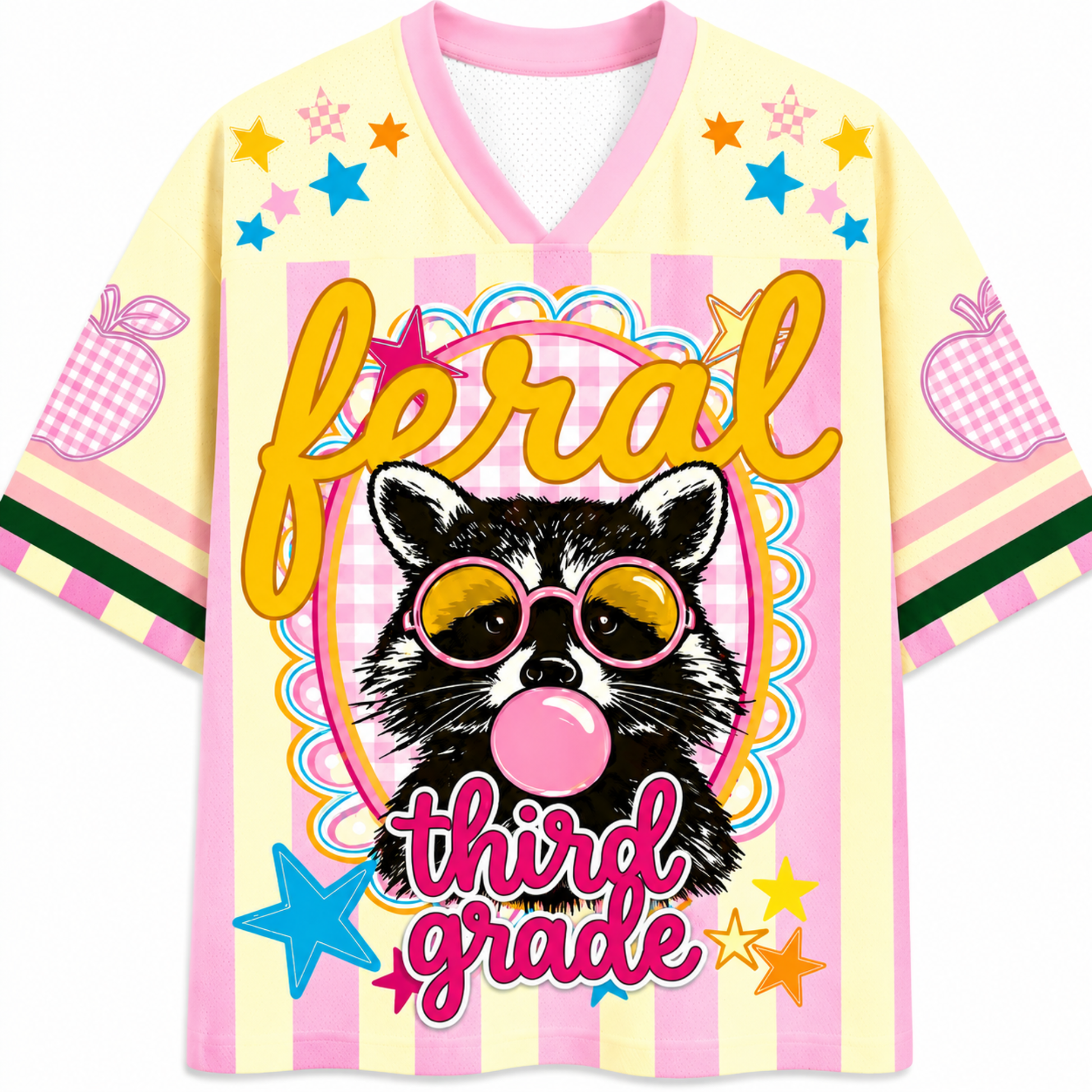 ChaoticClub Feral Raccoon Bubblegum Striped Mesh Jersey in pastel yellow and pink, featuring a sassy raccoon blowing a bubble with pink sunglasses, surrounded by stars and "feral third-grade" text.