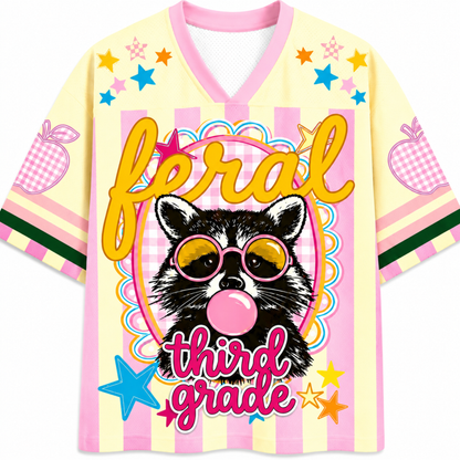 ChaoticClub Feral Raccoon Bubblegum Striped Mesh Jersey in pastel yellow and pink, featuring a sassy raccoon blowing a bubble with pink sunglasses, surrounded by stars and "feral third-grade" text.
