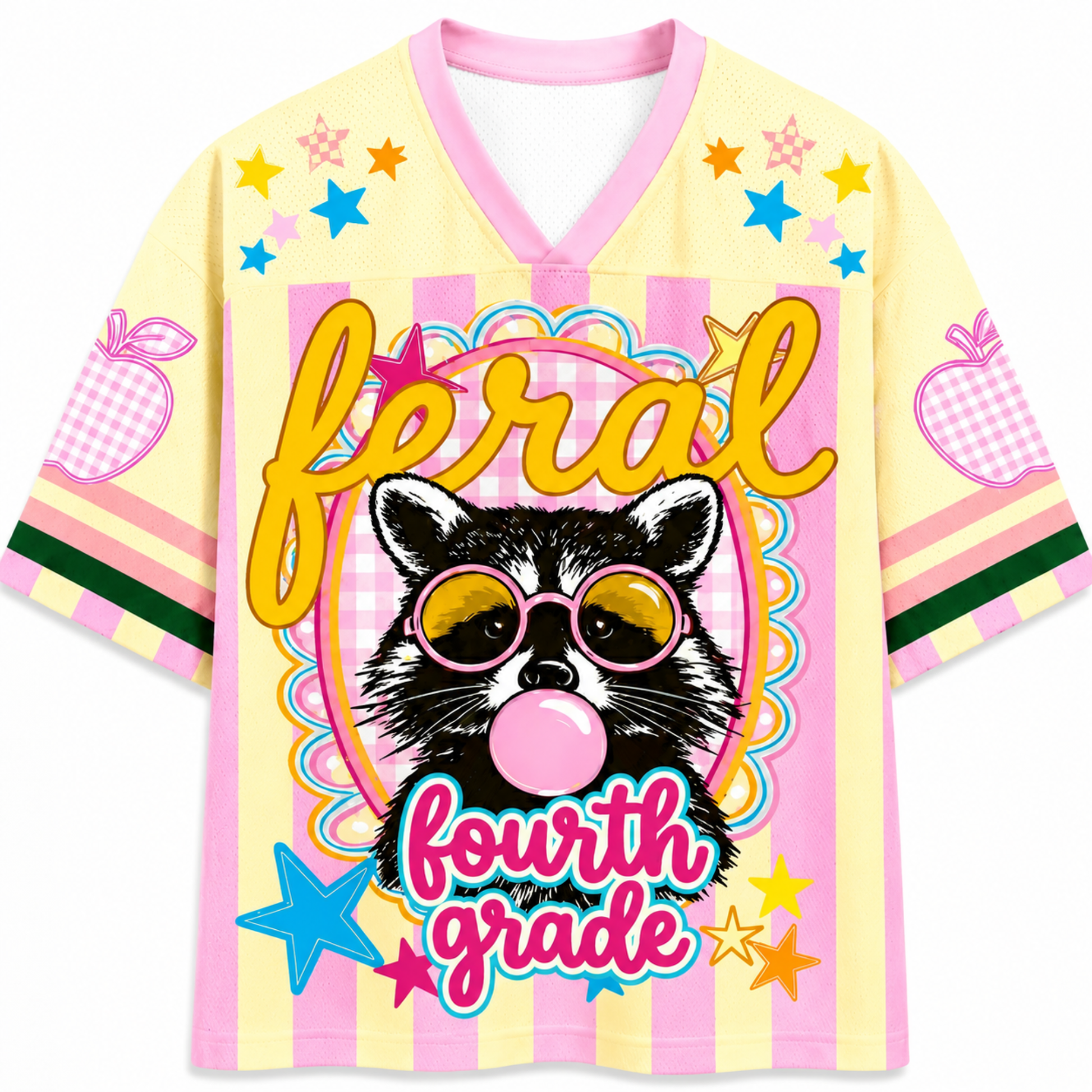 ChaoticClub Feral Raccoon Bubblegum Striped Mesh Jersey in pastel yellow and pink, featuring a sassy raccoon blowing a bubble with pink sunglasses, surrounded by stars and "feral fourth grade" text.