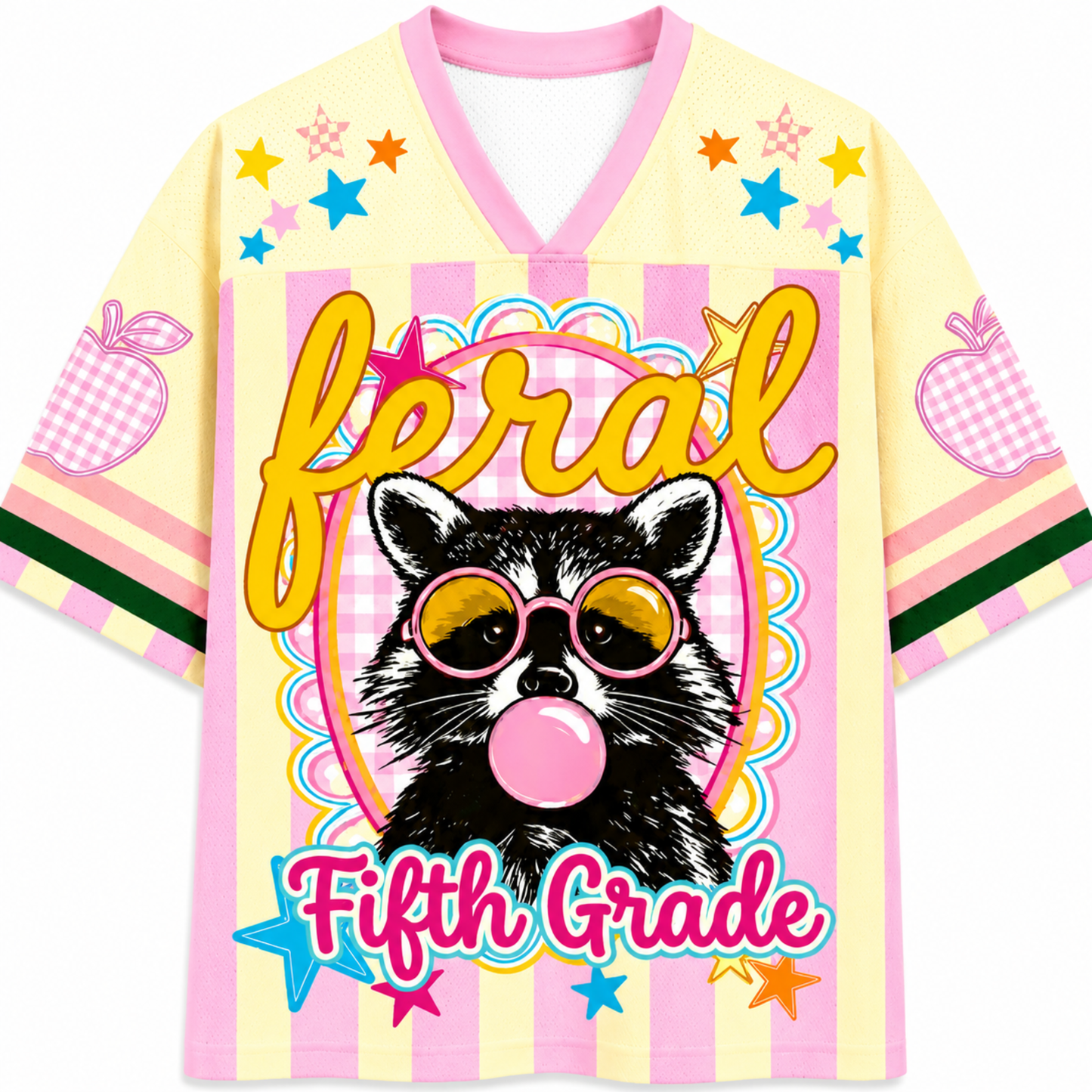 ChaoticClub Feral Raccoon Bubblegum Striped Mesh Jersey in pastel yellow and pink, featuring a sassy raccoon blowing a bubble with pink sunglasses, surrounded by stars and "feral fifth grade" text.