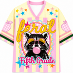 ChaoticClub Feral Raccoon Bubblegum Striped Mesh Jersey in pastel yellow and pink, featuring a sassy raccoon blowing a bubble with pink sunglasses, surrounded by stars and "feral fifth grade" text.