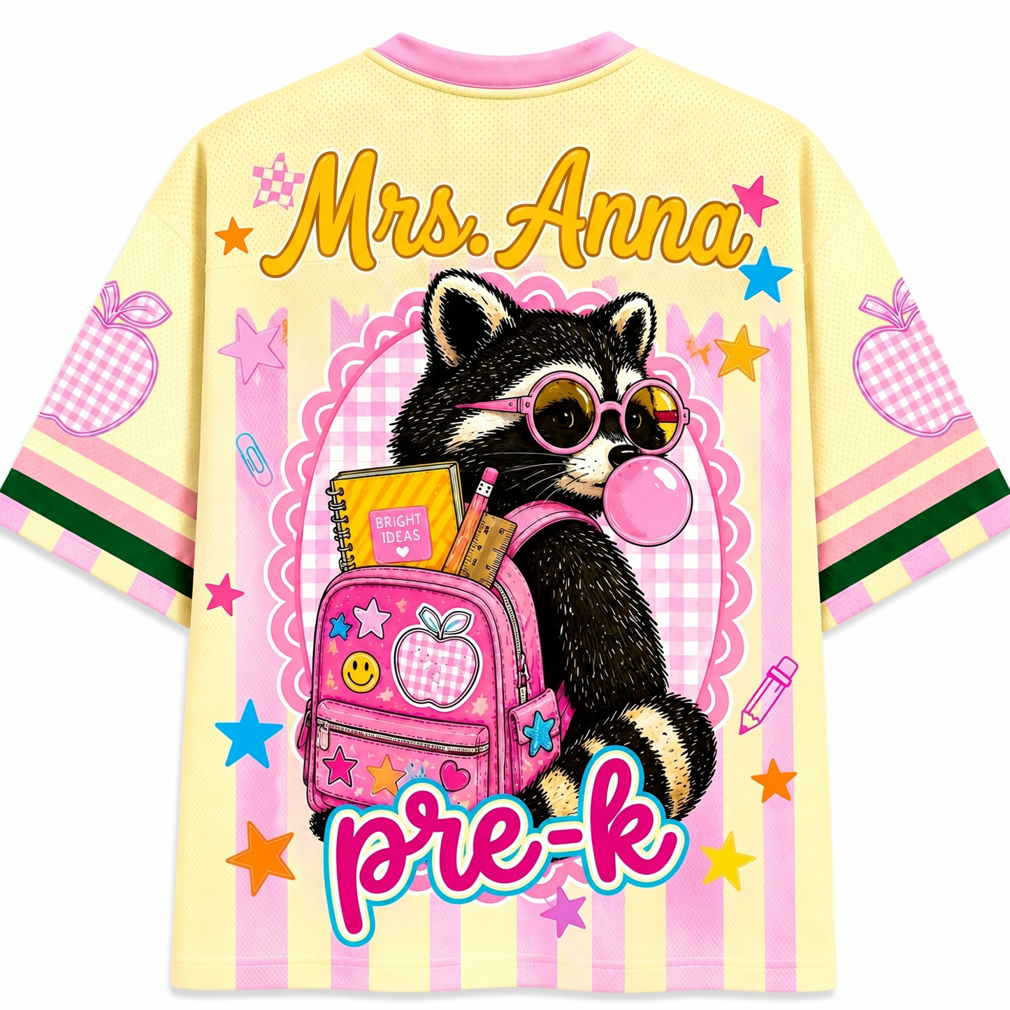 Back view of the ChaoticClub Feral Raccoon Bubblegum Striped Mesh Jersey in pastel yellow and pink. Features custom "Mrs. Anna" text, a raccoon wearing pink sunglasses and a pink backpack full of school supplies, blowing a bubble, with "pre-k" text and colorful stars.