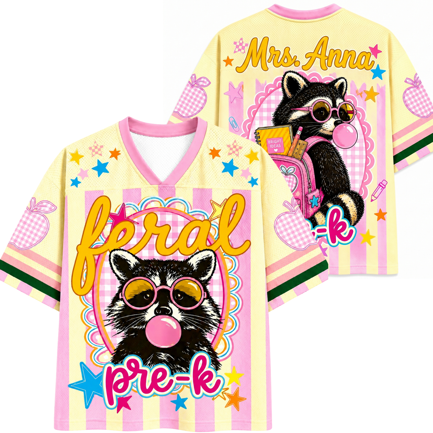 Front and back views of the ChaoticClub Feral Raccoon Bubblegum Striped Mesh Jersey. The front features a sassy raccoon face with "feral pre-k" text, while the back shows the raccoon with a school backpack and customizable teacher name.