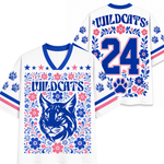 Front and back views of the white ChaoticClub Floral School Spirit Personalized Mesh Jersey, displaying the detailed wildcat mascot front graphics and the customizable team number "24" back design framed by pink and blue flowers.