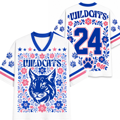 Front and back views of the white ChaoticClub Floral School Spirit Personalized Mesh Jersey, displaying the detailed wildcat mascot front graphics and the customizable team number "24" back design framed by pink and blue flowers.