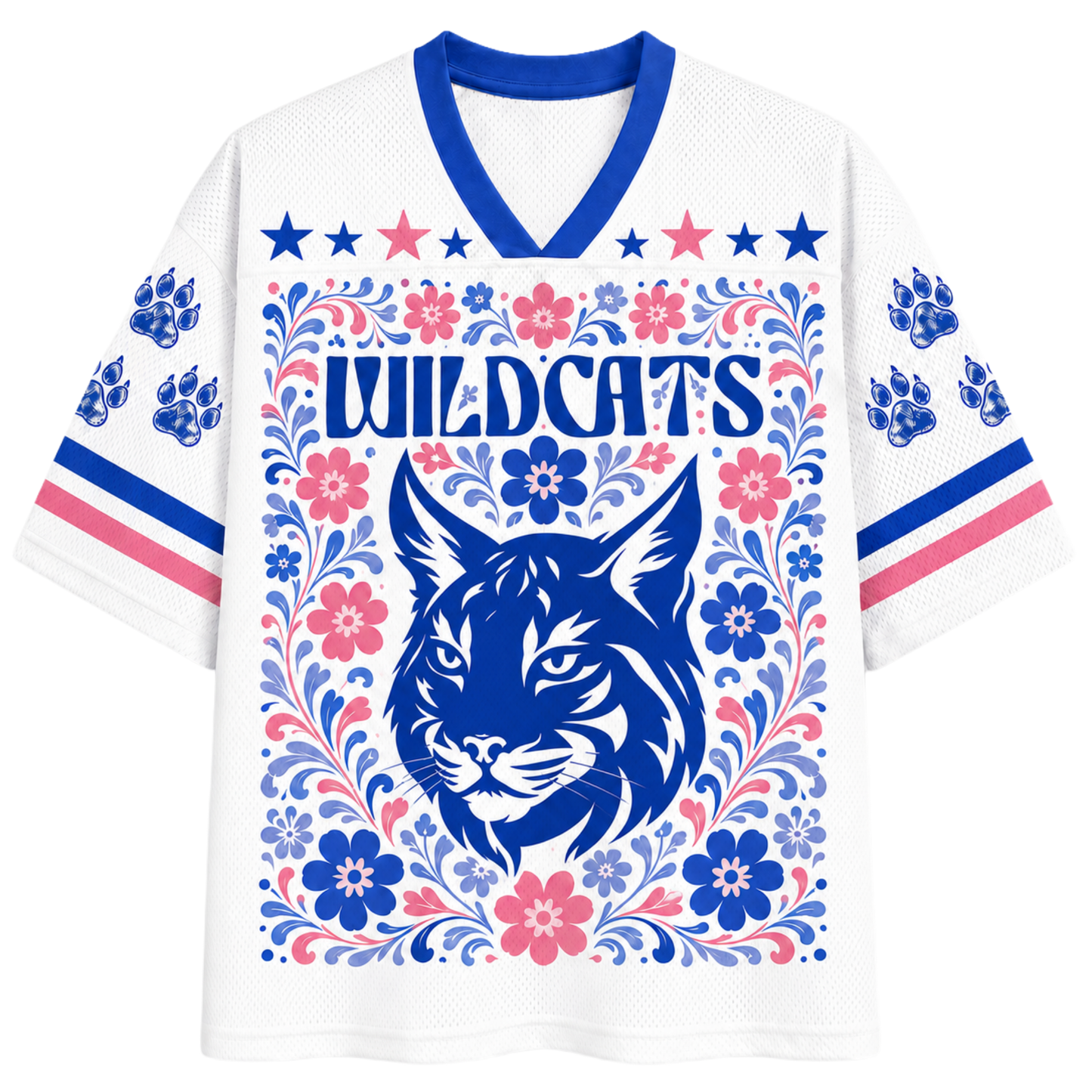 Front view of the white ChaoticClub Floral School Spirit Personalized Mesh Jersey, featuring a large blue Wildcats mascot head surrounded by a symmetrical folk-art floral border in pink and blue, with row of stars below the v-neck collar.