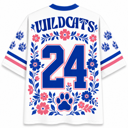 Back view of the ChaoticClub Floral School Spirit Personalized Mesh Jersey, showcasing bold "WILDCATS" text above a large blue varsity number "24" outlined in pink, framed by matching floral vines and a prominent paw print icon at the bottom.
