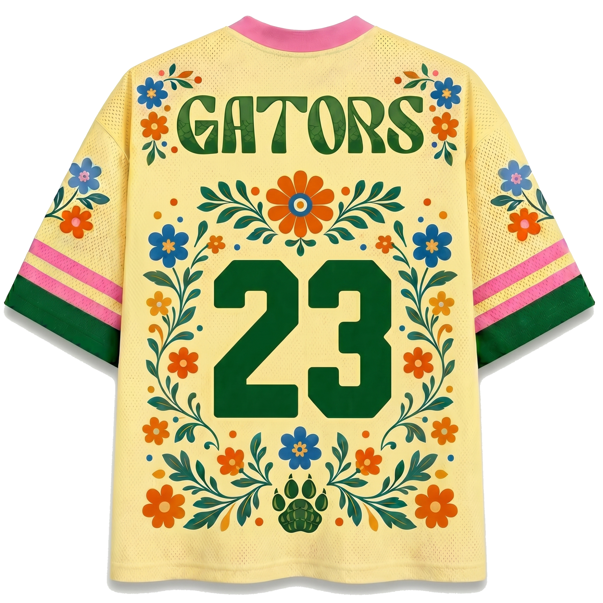 Back view of the ChaoticClub Floral School Spirit Personalized Mesh Jersey, showcasing bold "GATORS" text above a large green varsity number "23", framed by matching floral vines and a prominent paw print icon at the bottom.