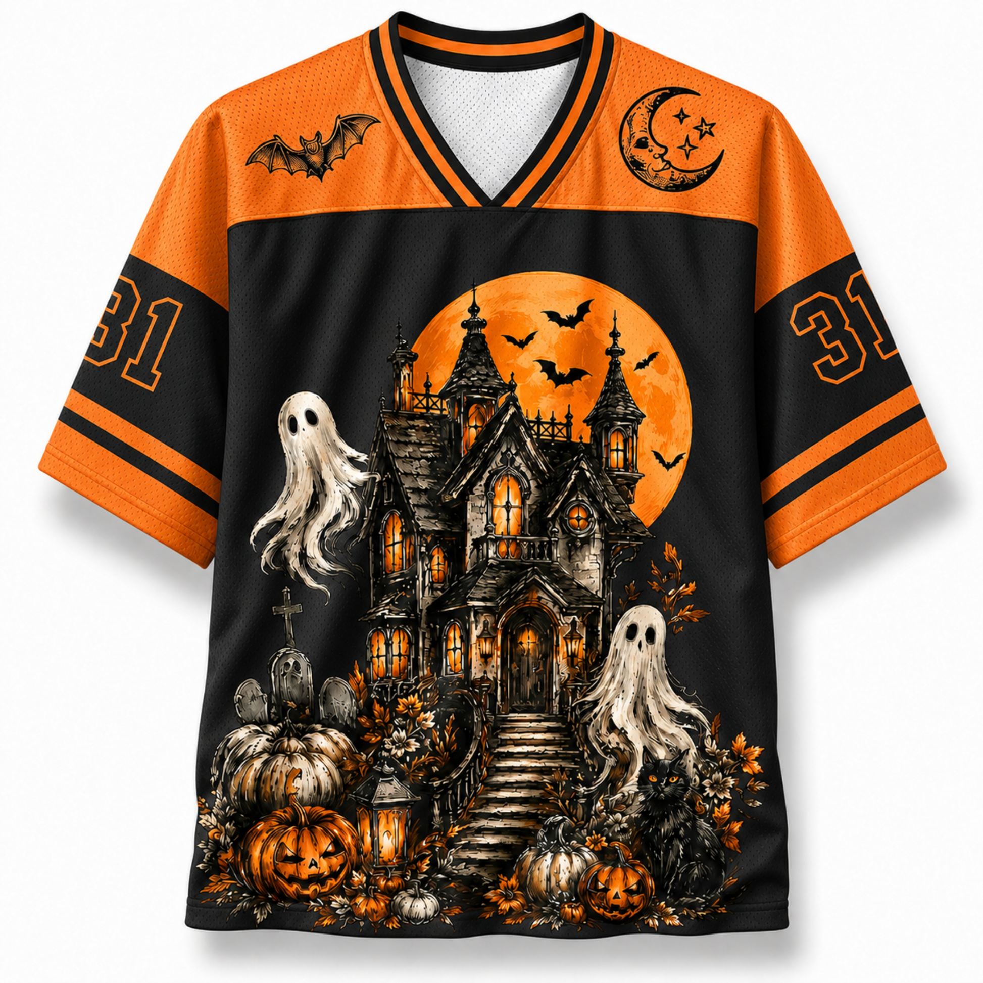 Halloween-themed jersey with a haunted house and ghost design on an orange and black background.