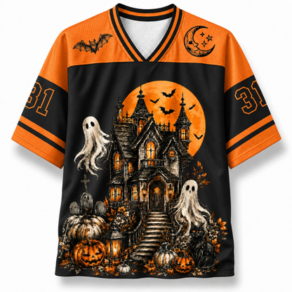 Halloween-themed jersey with a haunted house and ghost design on an orange and black background.