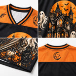 Halloween-themed merchandise including a jersey, t-shirt, and poster with pumpkins, ghosts, and a moon.