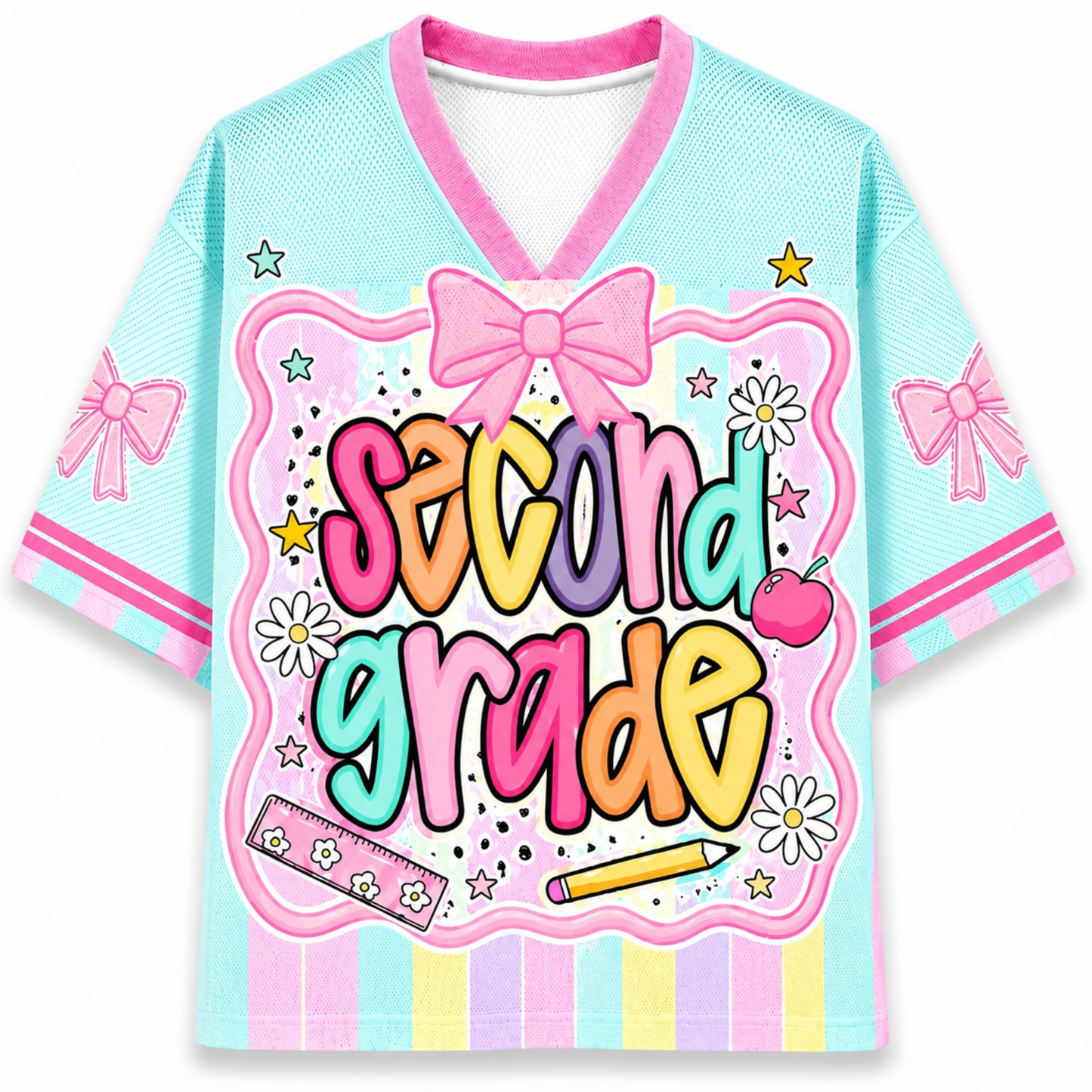 ChaoticClub Preppy Back To School Kindergarten Mesh Jersey front and back view featuring light blue and pink pastel stripes, coquette bows, and custom name 03.