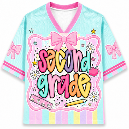 ChaoticClub Preppy Back To School Kindergarten Mesh Jersey front and back view featuring light blue and pink pastel stripes, coquette bows, and custom name 03.
