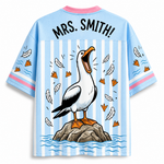 Shirt with a cartoon pelican design and 'Mrs. Smith!' text on a blue and white striped background