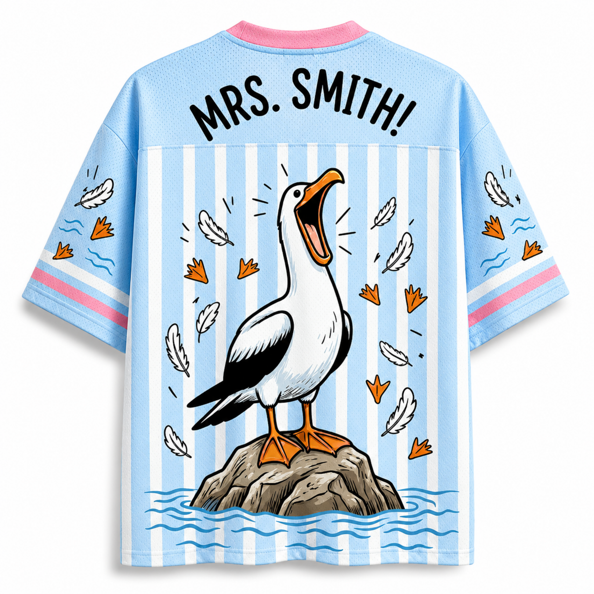 Shirt with a cartoon pelican design and 'Mrs. Smith!' text on a blue and white striped background