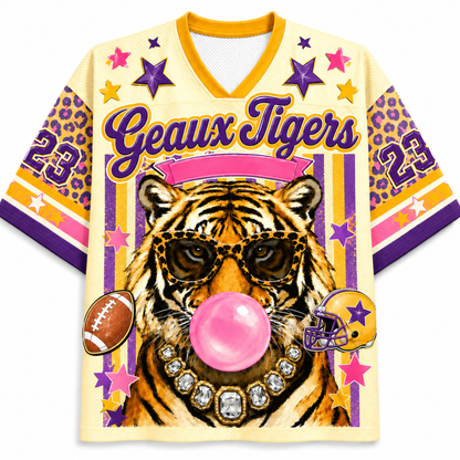 Colorful sports jersey with a tiger design and 'Geaux Tigers' text on a white background