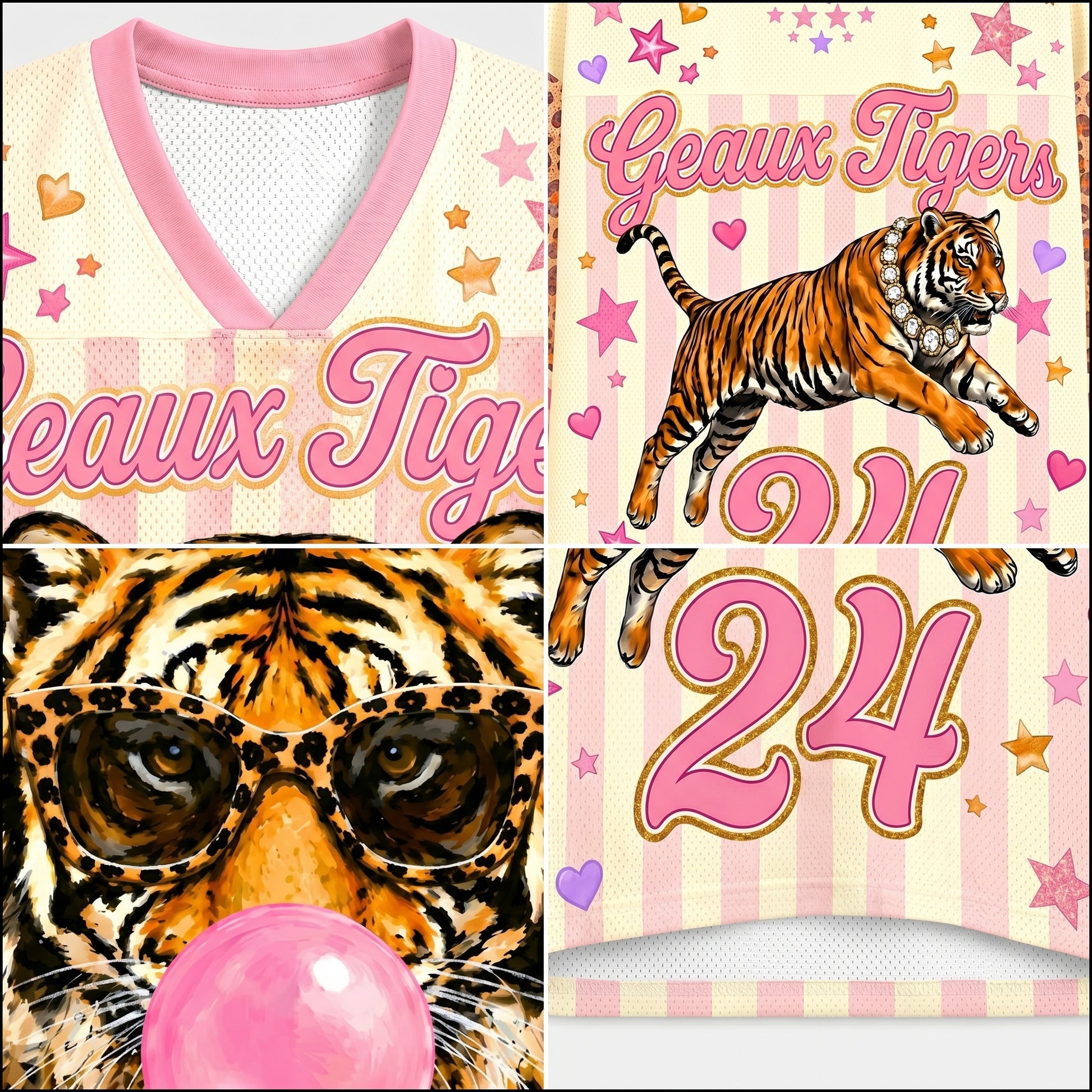 Collage of a tiger-themed jersey with 'Geaux Tigers' text and a tiger blowing pink bubble gum.