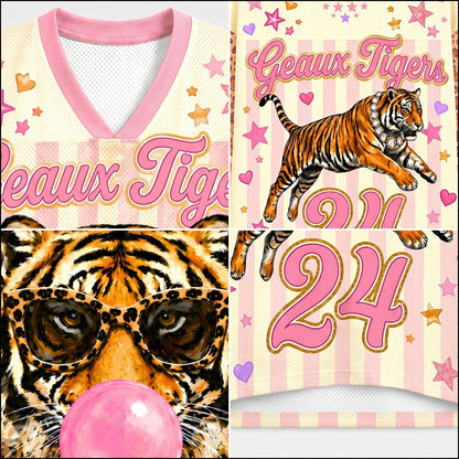 Collage of a tiger-themed jersey with 'Geaux Tigers' text and a tiger blowing pink bubble gum.